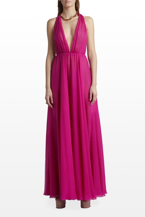 One Shoulder Chiffon Gown with Pleated Top Taupe