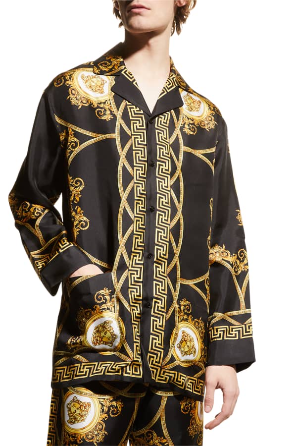 Versace Men's Barocco Silk Pajama Shirt Neiman Marcus
