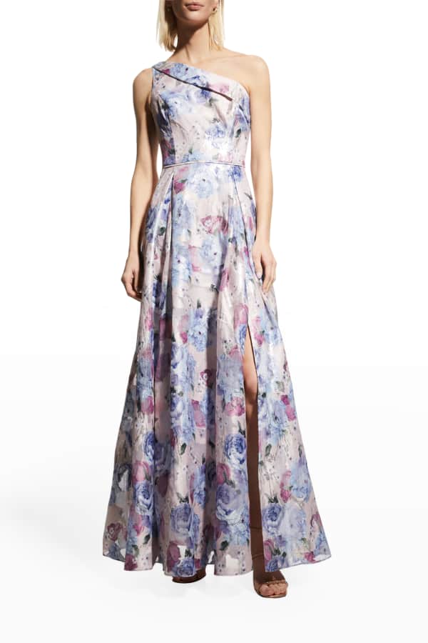 Theia Antoinette Pleated Floral-Print Gown | Neiman Marcus