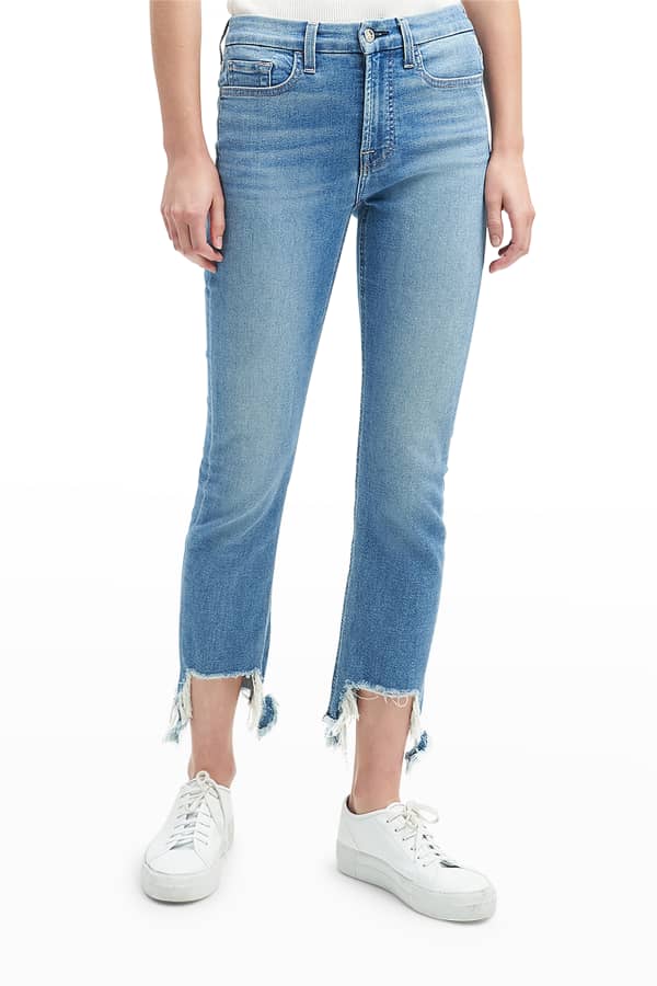 Jen7 Ankle Straight-Leg Cropped Jeans with Distressed Hem | Neiman Marcus