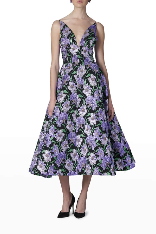 Carolina Herrera Metallic Floral Brocade A-line Dress | Neiman Marcus