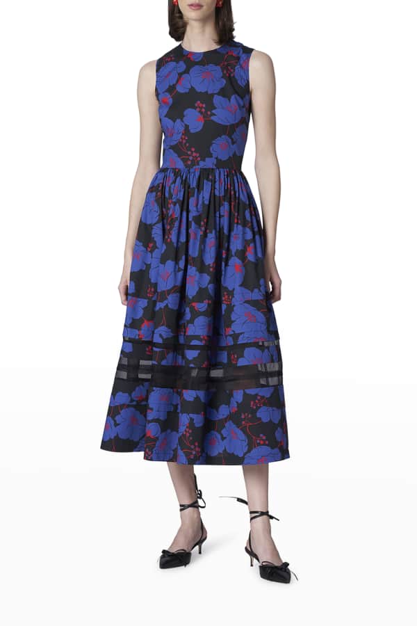 Carolina Herrera Rose-Print Ruched Midi Dress - BCI Cotton | Neiman Marcus