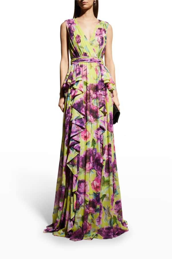 Jovani Floral-Print Ruched Drape-Sleeve A-Line Gown | Neiman Marcus