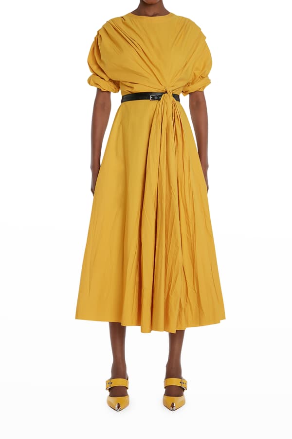 Alexander McQueen Pleated Cotton Fit-&-Flare Midi Dress | Neiman Marcus