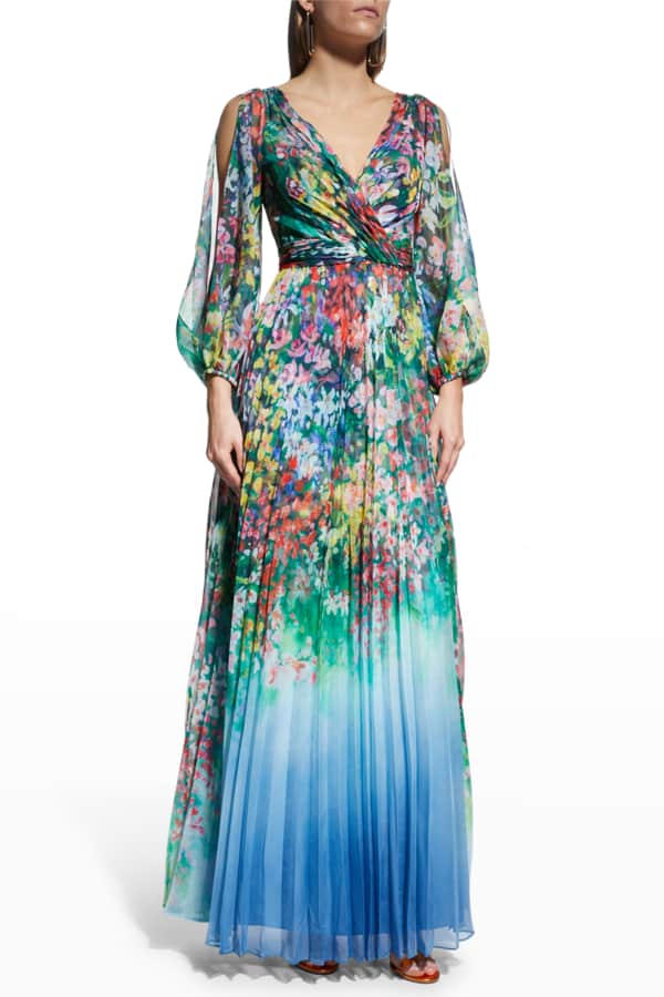 marchesa draped sleeve printed chiffon gown