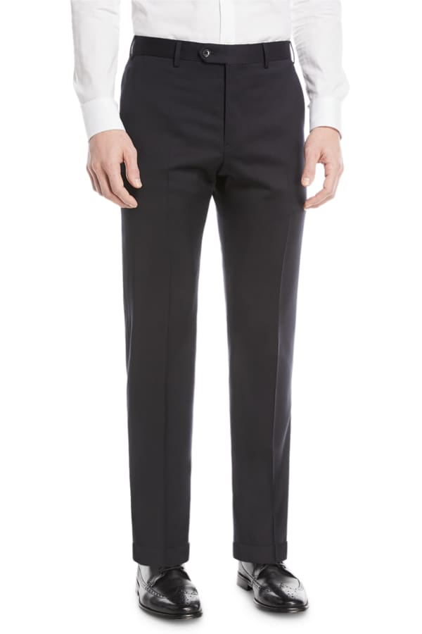 Brioni Wool Flat-Front Trousers, Navy | Neiman Marcus