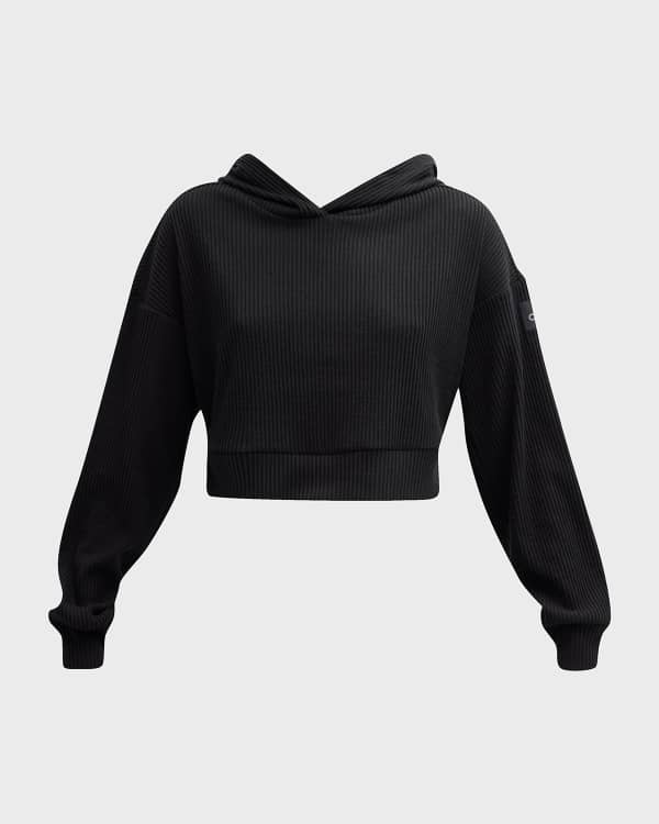 Blonde Woman Wearing Alo Grey Funnel Neck Sweatshirt Alo Black