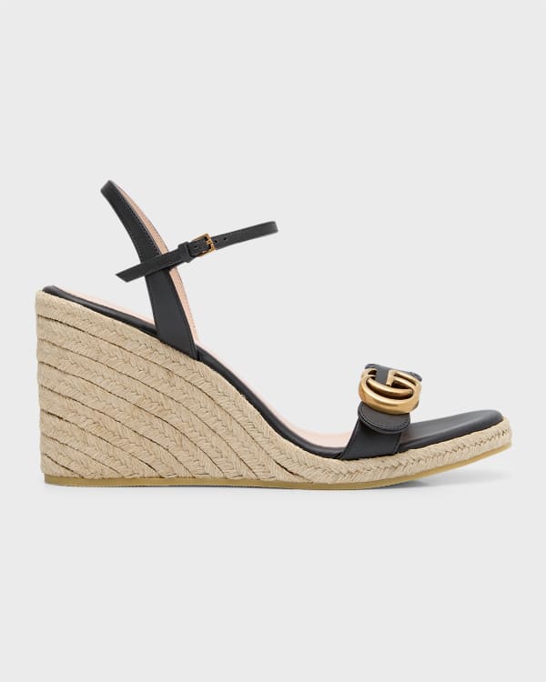 GUCCI - METALLIC LEATHER AND SATIN ESPADRILLE WEDGE SANDALS