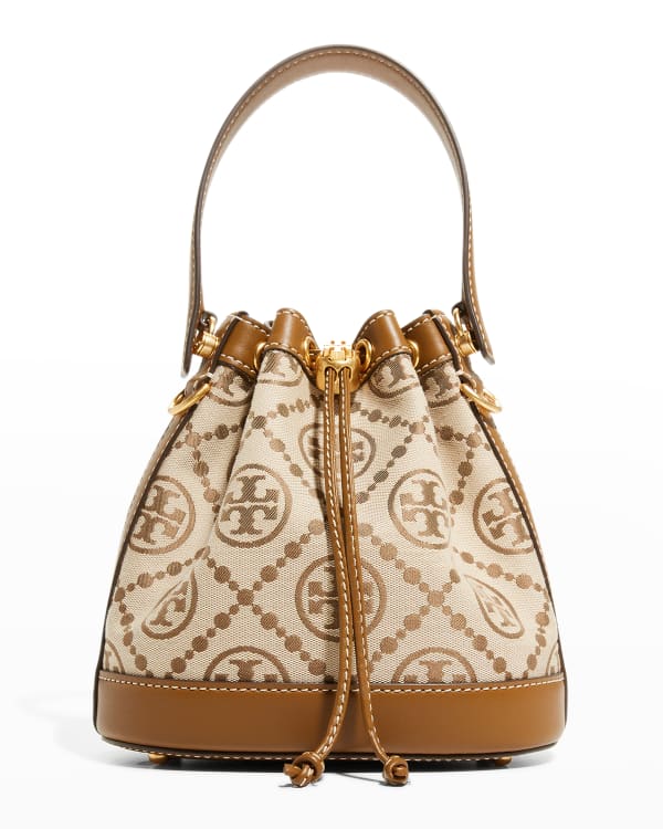 Tory Burch T Monogram Embossed Leather Bucket Bag in Cream