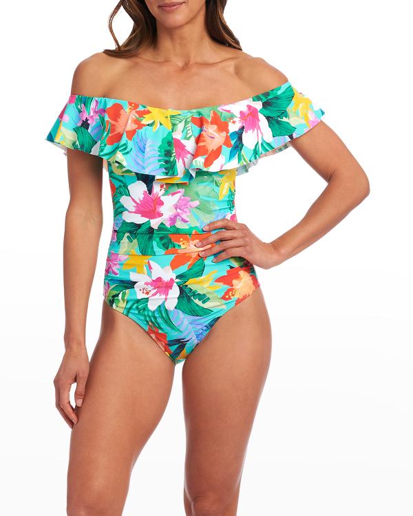 Olive Flora Off the Shoulder One Piece Swimsuit