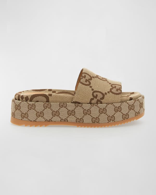 Gucci Angelina Logo Canvas Flatform Slides | Neiman Marcus