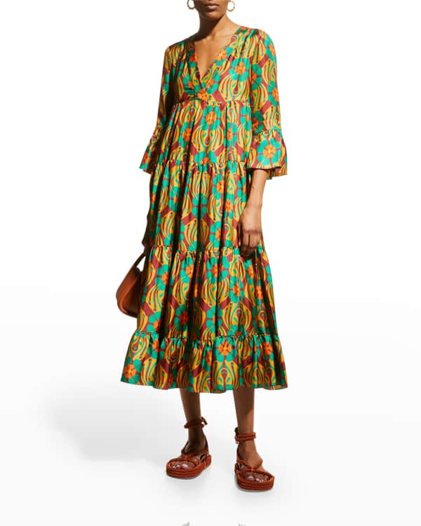 Adriana Iglesias Cielo Plunging Floral-Print Silk Midi Dress | Neiman ...