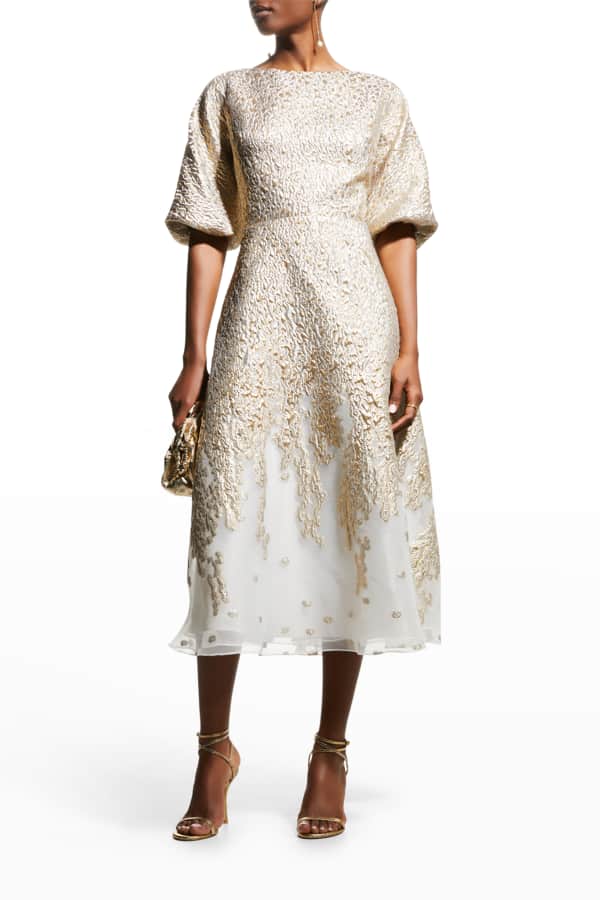 Rickie Freeman for Teri Jon Pleated Jacquard ElbowSleeve Dress