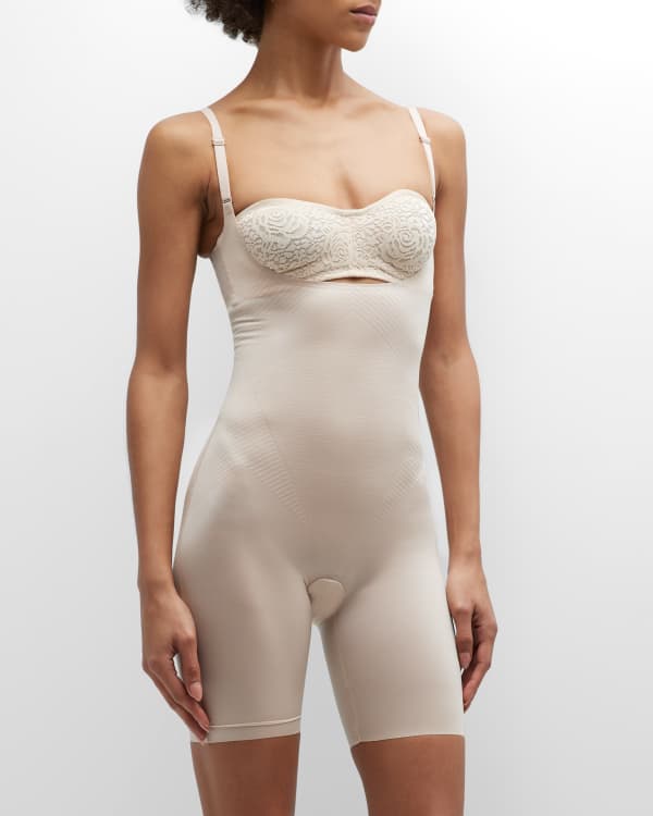 $168 Spanx Women's Beige Contour Open-Bust Mid-Thigh Bodysuit