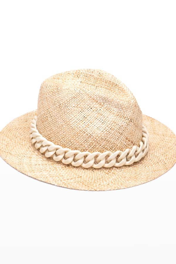 Ruslan Baginskiy Straw Fedora Hat w/ Chain Strap Neiman Marcus