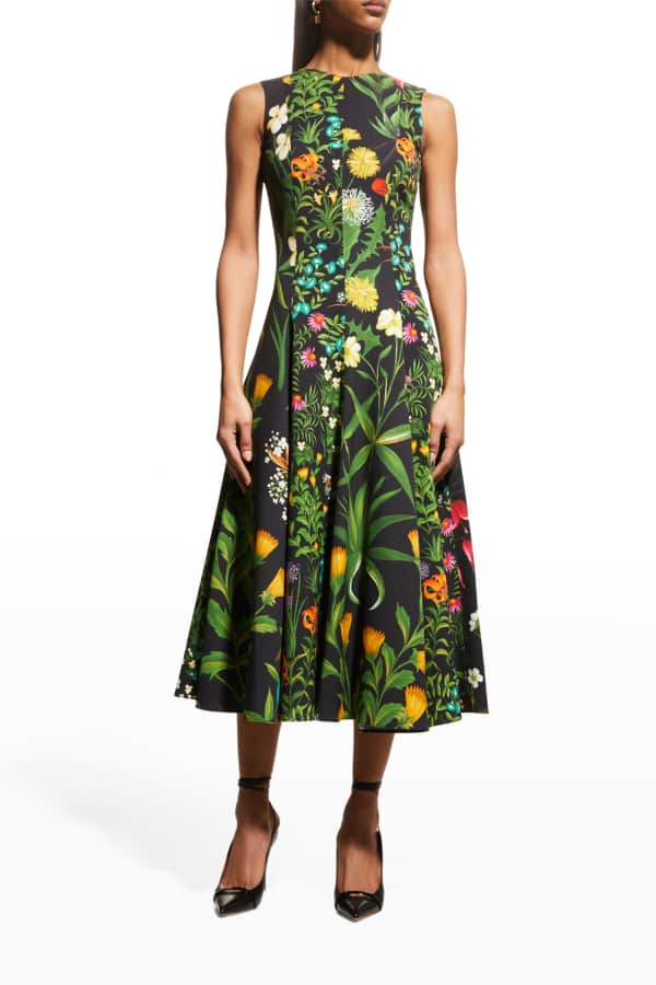 Valentino FloralPrint FlutterSleeve Silk Midi Dress Neiman Marcus