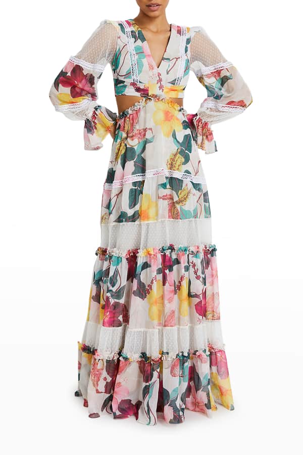 PatBO Plunge Lace-Sleeve Cutout Maxi Dress | Neiman Marcus