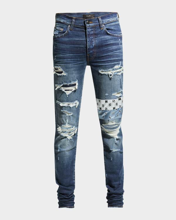 Men's Leather Stars Patches Design Jeans Streetwear Patchwork