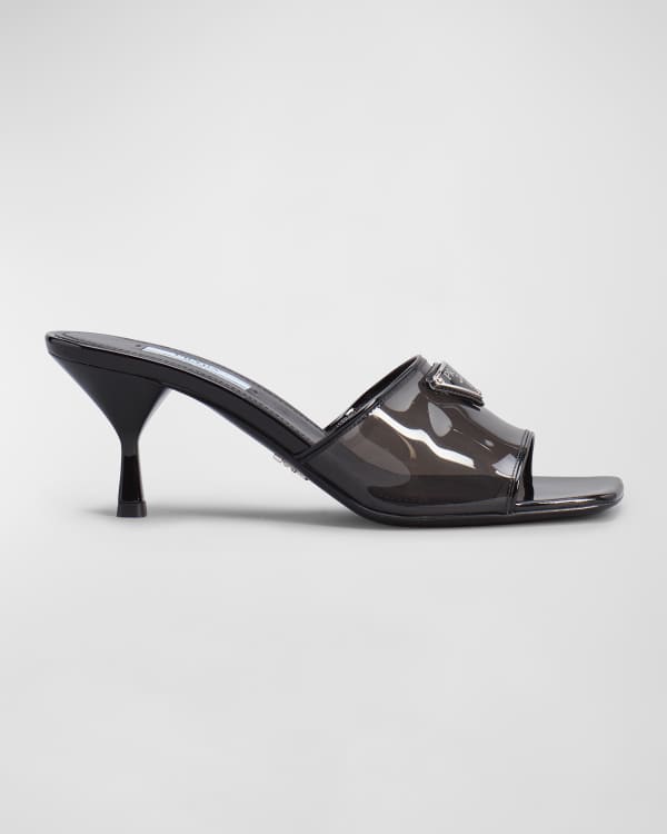 Prada Crystal Logo Kitten-Heel Slide Sandals | Neiman Marcus