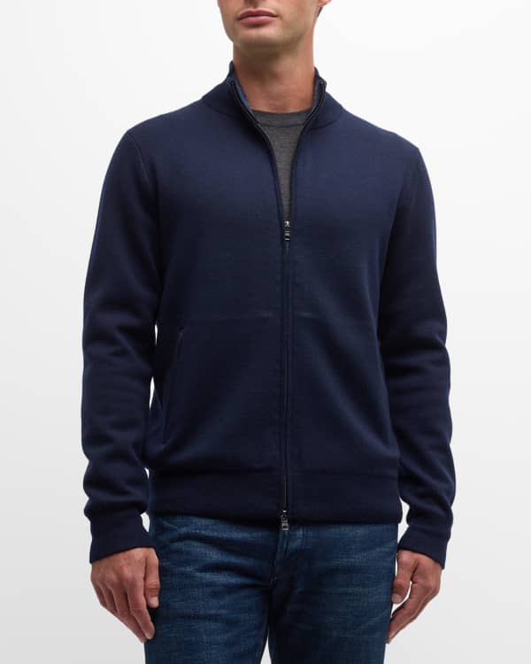 Navy blue wool silk sweater, with stand-up collar