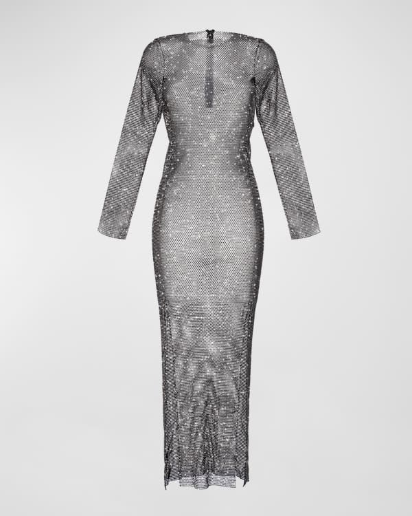 Self-Portrait Hotfix Draped Off-Shoulder Rhinestone Fishnet Maxi Dress ...