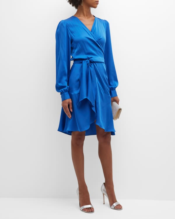 Santorelli Vanna Faux Wrap Blouson-Sleeve Midi Dress | Neiman Marcus