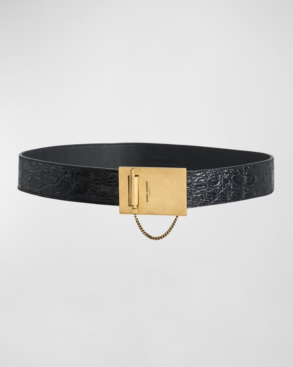 Saint Laurent Black Crocodile-embossed Matte Leather Square Buckle Monogram  Belt