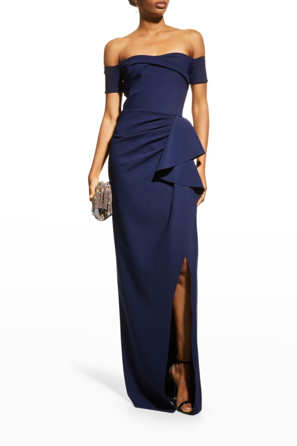 La Femme Off-the-Shoulder Shiny Jersey Gown | Neiman Marcus