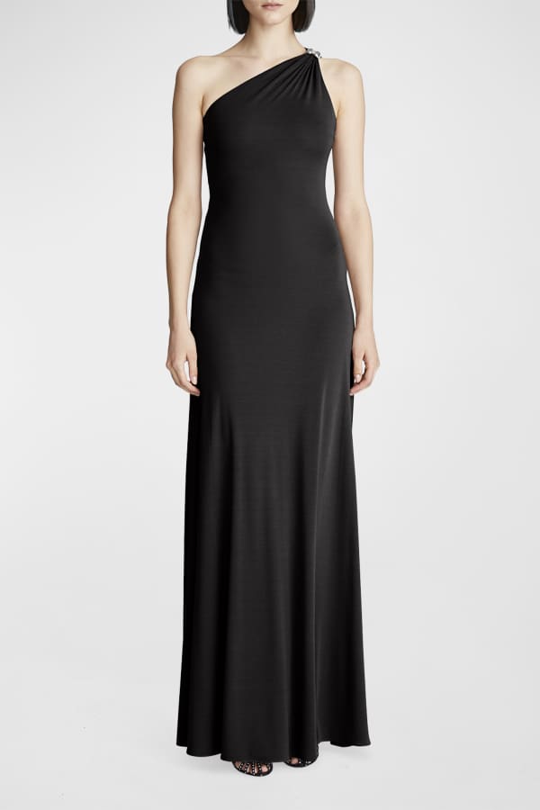 One Shoulder Jersey Gown With Slit Gold