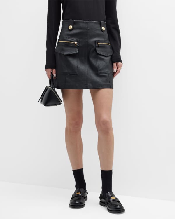 Veronica Beard Arez Button-Front Faux Leather Mini Skirt | Neiman Marcus