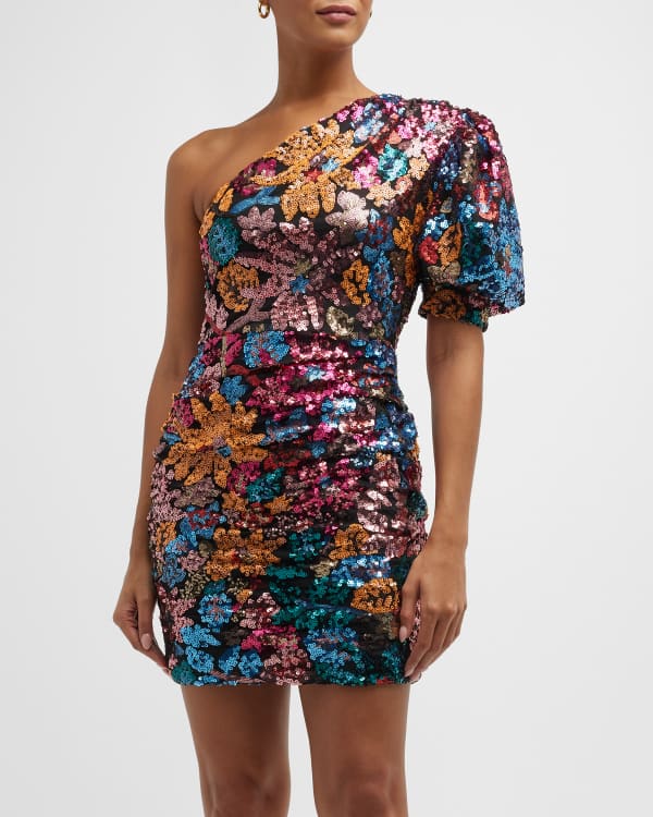 Dark Bouquet Silk Floral Appliqué Mini Dress