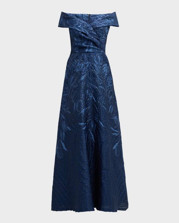 Cap-Sleeve Floral Metallic Jacquard Gown