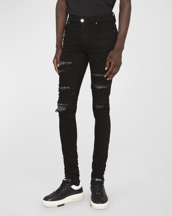 Amiri Men's Paint Splatter Skinny Jeans w/ Check Insert | Neiman Marcus