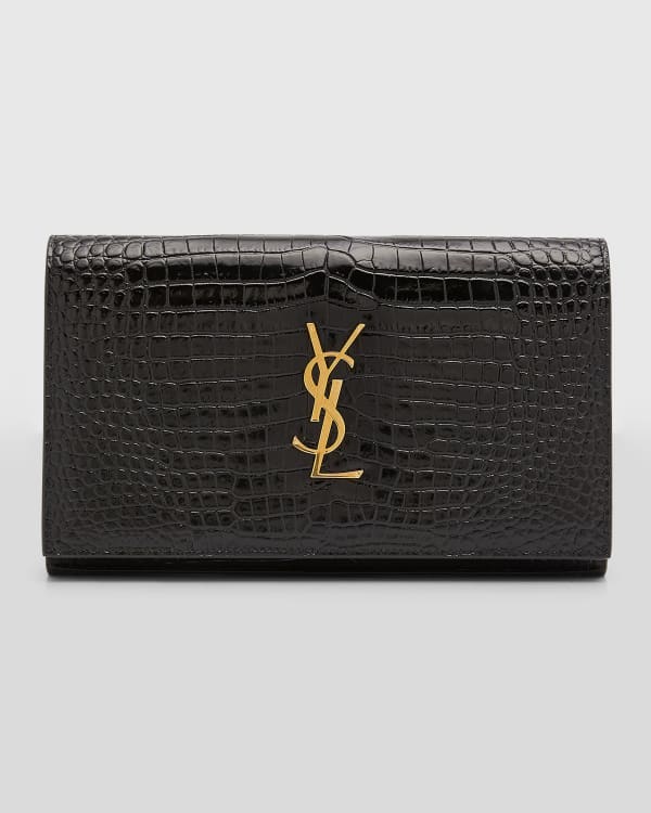 Saint Laurent Sunset Chain Wallet in Crocodile-Embossed Shiny Leather - White - Women