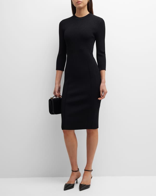 St. John V-Neck 3/4 Sleeve Mouline Tweed Midi Dress | Neiman Marcus