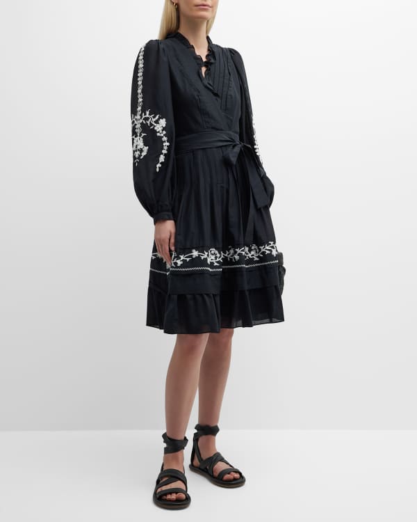 Shoshanna Emilie Belted Blouson-Sleeve Midi Dress | Neiman Marcus