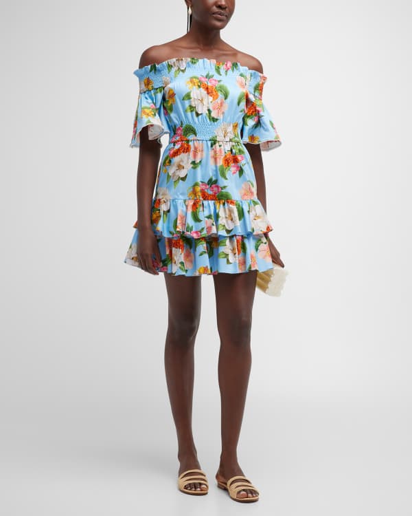 Farm Rio Macaw Bloom Tie-Shoulder Tiered Mini Dress | Neiman Marcus