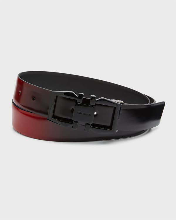 Salvatore Ferragamo Men's Smooth Reversible Calf Belt with Tonal Metallic Double Gancini Buckle - 46 / Black/Auburn