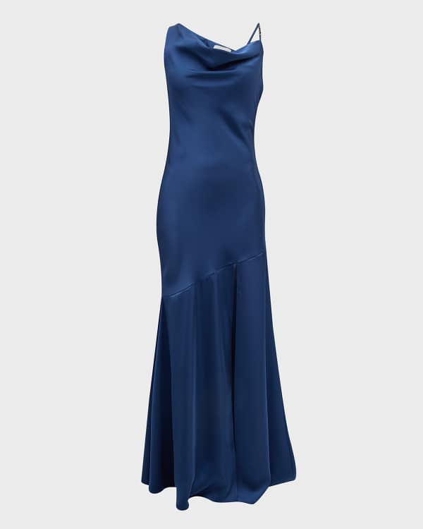 La Femme V Neck Sleeveless Strappy Back Satin Gown w Thigh Slit