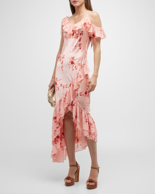 Cinq a Sept Luka Satin Floral Ruffle High-Low Midi Dress | Neiman Marcus