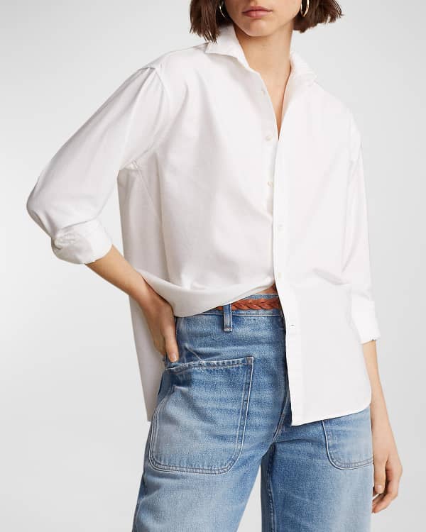 Off-Shoulder Relaxed-Fit Linen Blouse with Elastic Sleeves