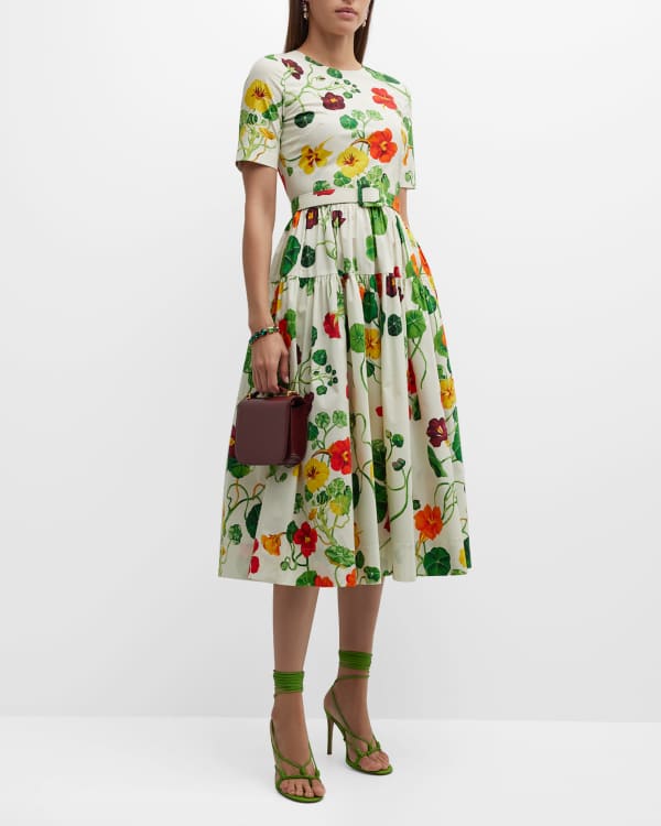 Dolce&Gabbana Floral-Print Side-Slits Short-Sleeve Silk Dress | Neiman ...