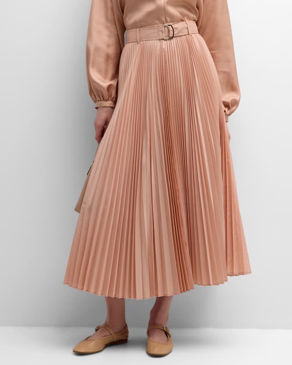 Louis Vuitton Leather Buckled Silk-Chiffon Pleated Midi Skirt