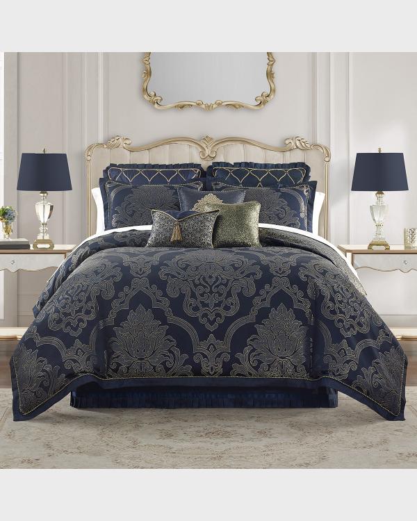 Waterford Vaughn Queen-Steppdecken-Set – 6-teilig, Marineblau Mit Gold, Damast-Muster