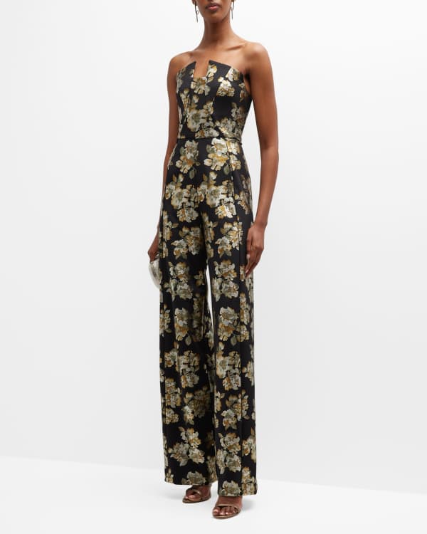 Black Halo Lena Strapless Metallic Floral Print Jumpsuit Neiman
