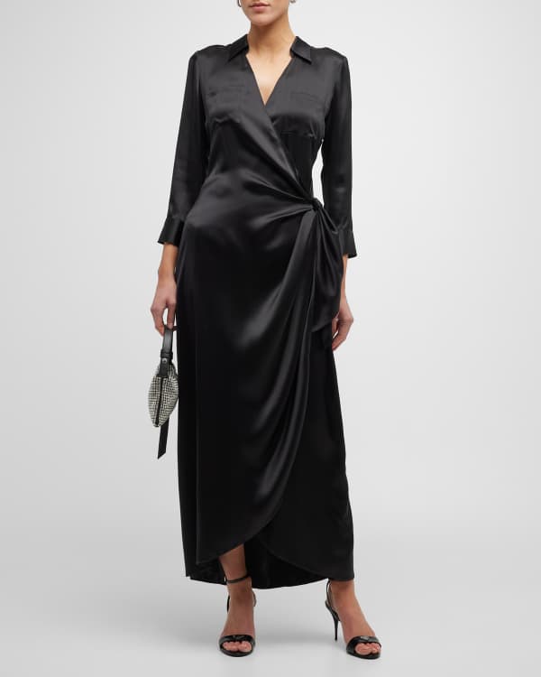 Vince, Satin V-Neck Drape Dress in Black