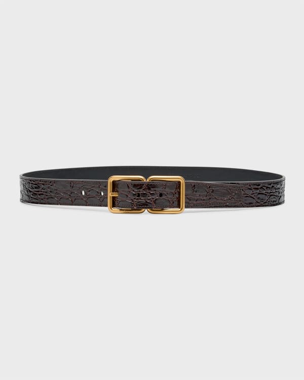 Saint Laurent Men's Logo-Embellished Croc-Effect Leather Belt