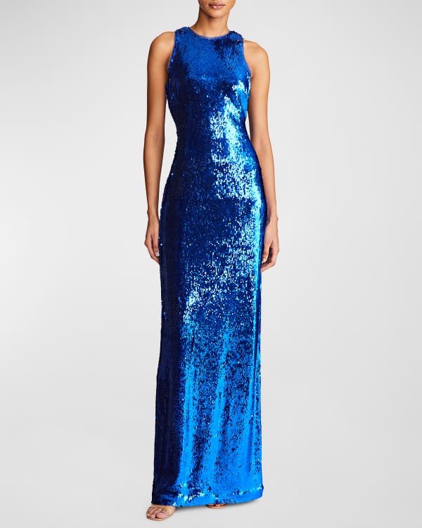 Badgley Mischka Collection FlowerTrim ElbowSleeve Sequin Column Gown