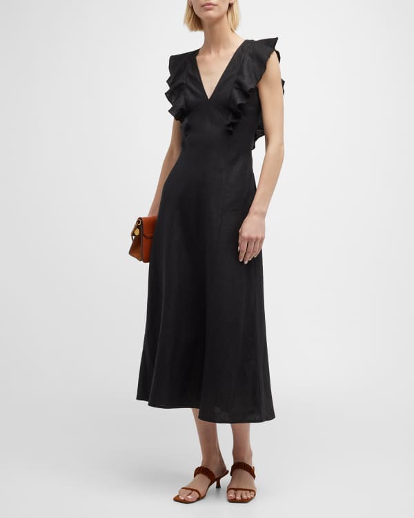 Saloni Rachel Linen Cutout Bow Midi Dress | Neiman Marcus