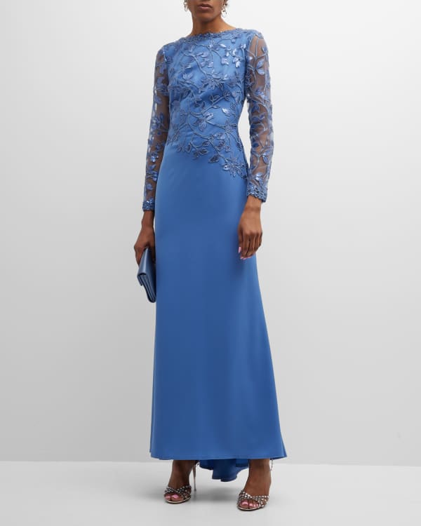 Tadashi Shoji Cap-Sleeve Embroidered Lace Gown | Neiman Marcus